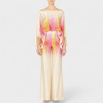 Rivana – Satijnen Co-Ord Set met Asymmetrische Top en Artistieke Print