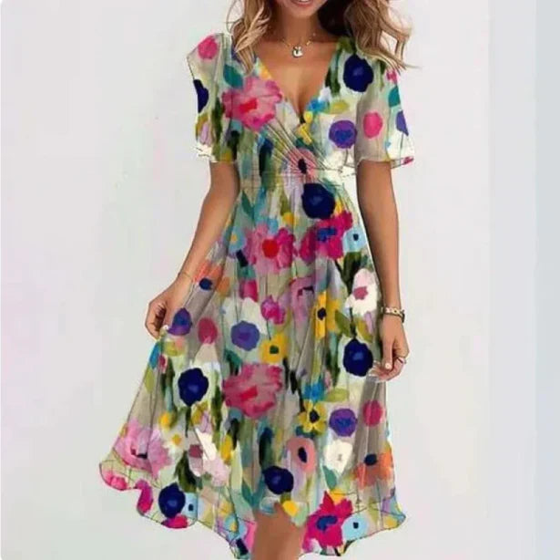 Lina – Zwierige Zomerjurk met V-Hals en Bloemenprint