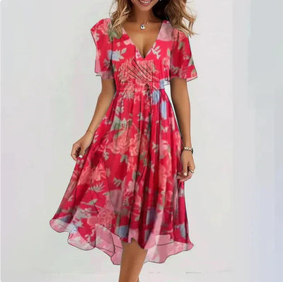 Lina – Zwierige Zomerjurk met V-Hals en Bloemenprint